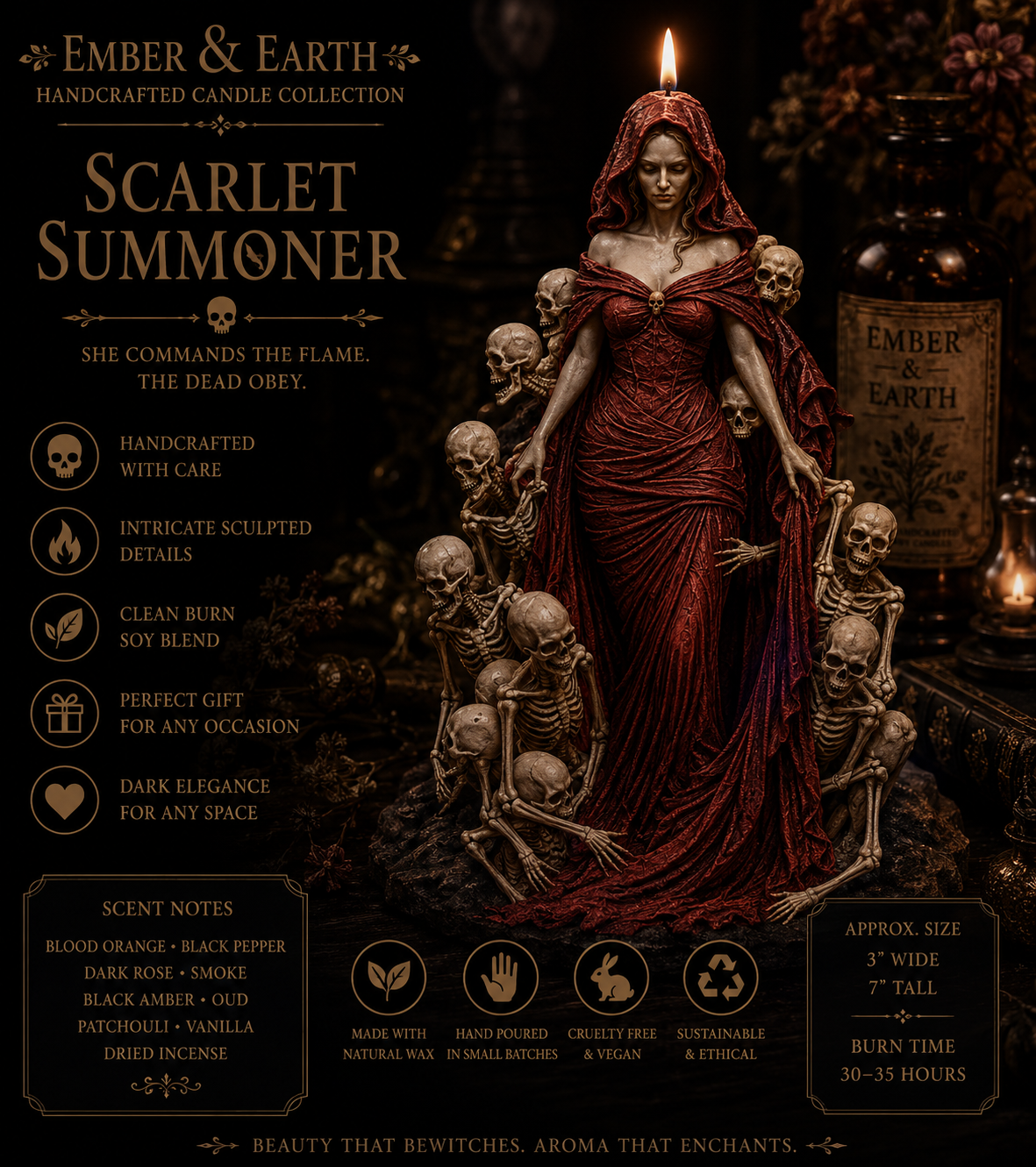 Scarlet Summoner | Handcrafted Gothic Goddess Candle | Luxury Soy Wax Sculpture | Dark Fantasy Décor | Collectible Artisan Candle | Ember & Earth