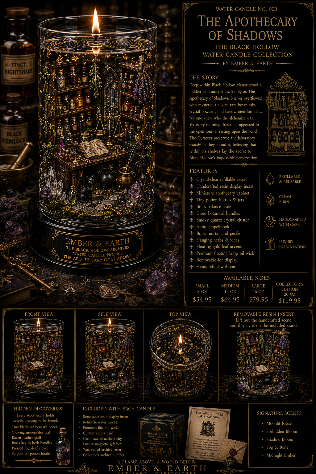 Water Candle No. 008 The Apothecary of Shadows The Black Hollow Water Candle Collection By Ember & Earth "Every bottle held a cure... or a curse."