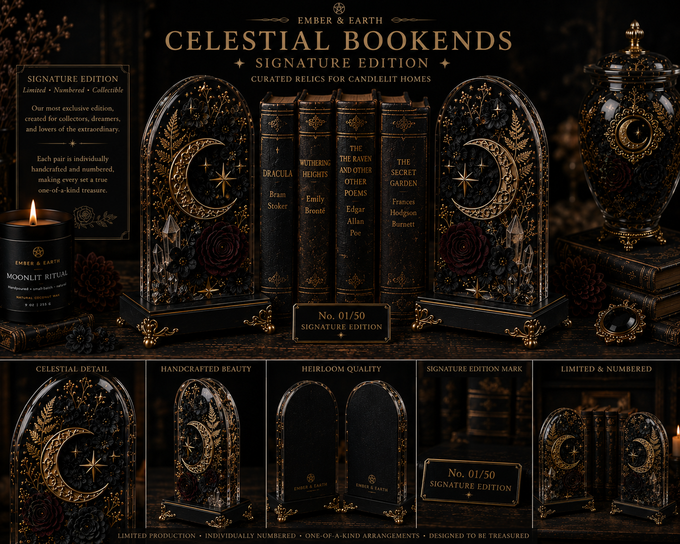 Celestial Bookends | Botanical Resin Bookends | Gothic Home Decor | Dark Academia Bookshelf Decor | Luxury Literary Gift | Ember & Earth Curiosities