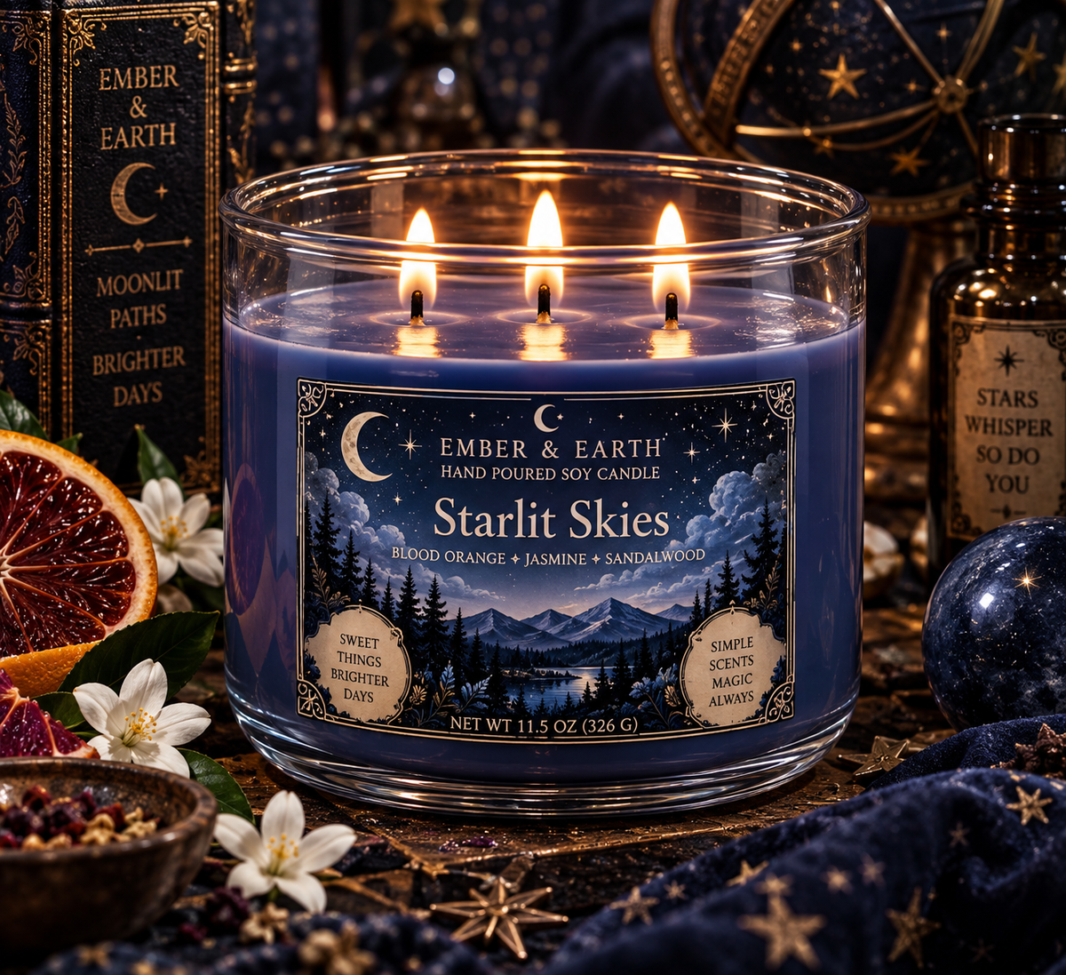 Starlit Skies Candle | Blood Orange Jasmine Sandalwood | Celestial Soy Candle | Moonlit Night Candle | Ember & Earth