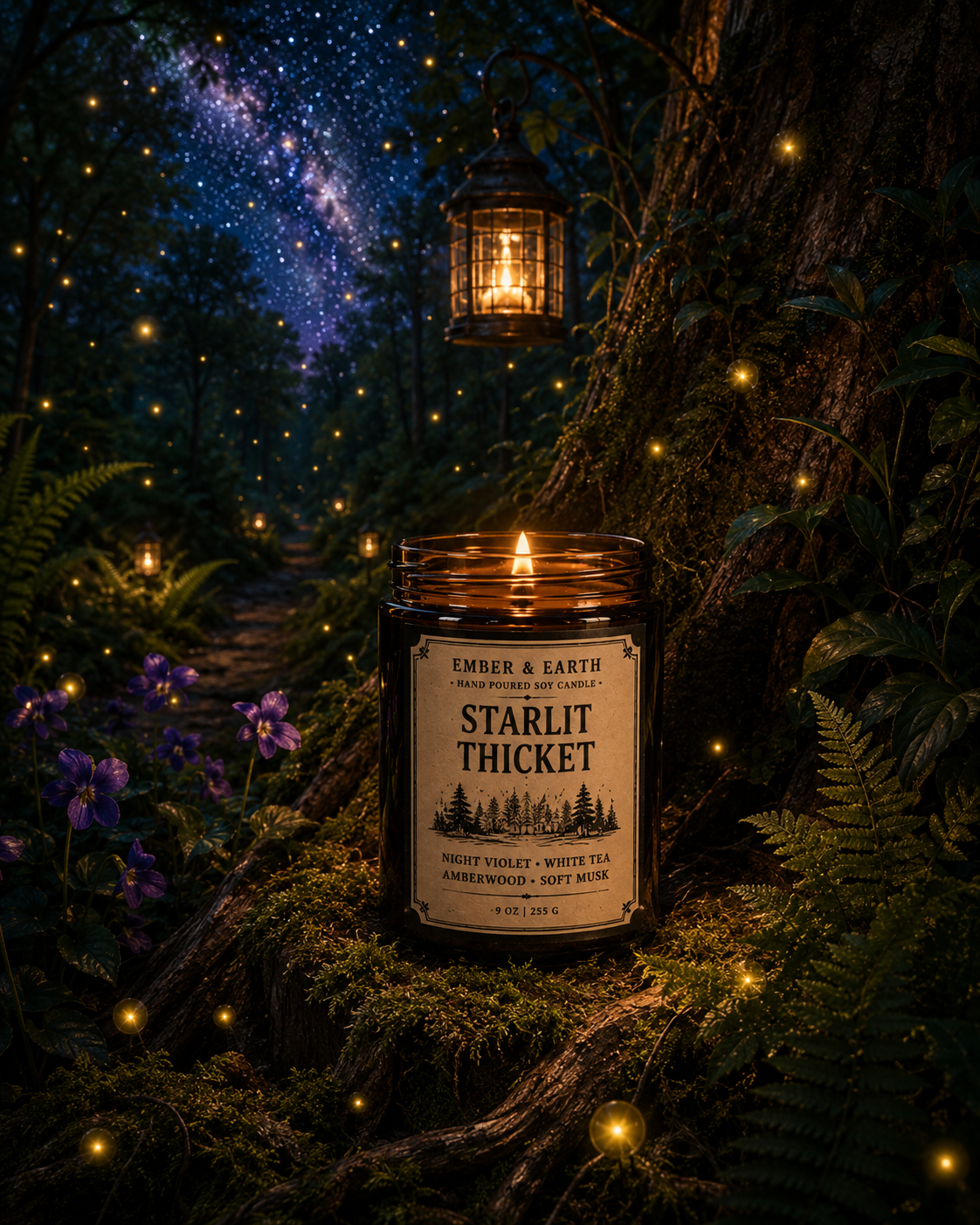 Starlit Thicket Candle | Violet & White Tea Candle | Enchanted Forest Fragrance | Moonlit Woodland Decor | Handmade Soy Candle