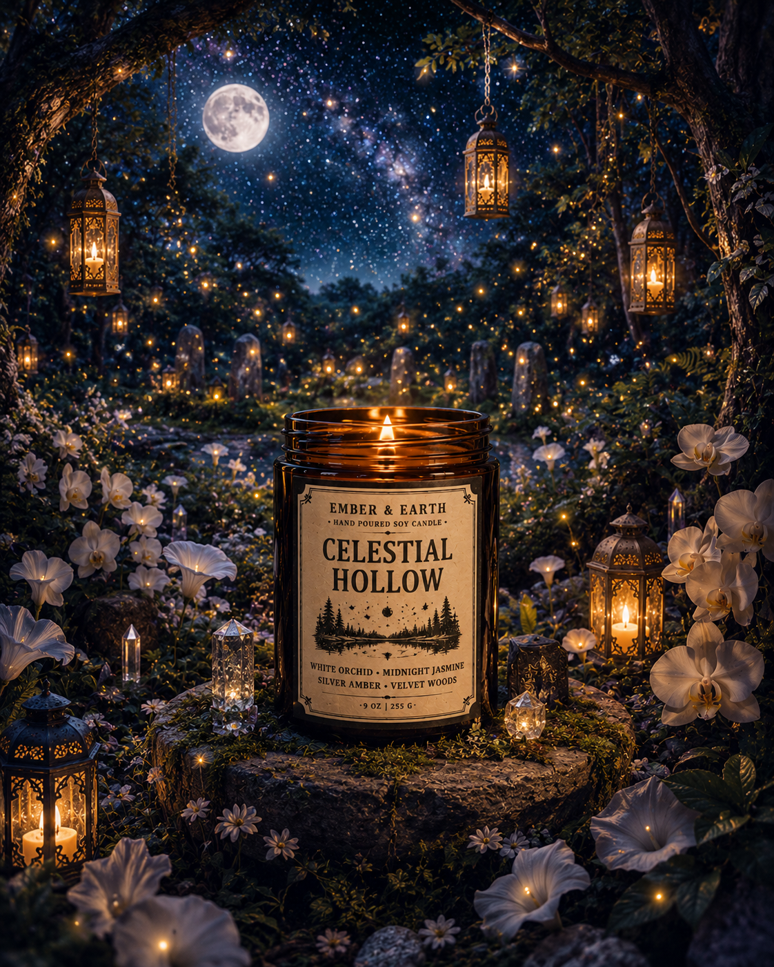 Celestial Hollow Candle | Jasmine & Orchid Candle | Moonlit Forest Fragrance | Enchanted Woodland Decor | Luxury Soy Candle