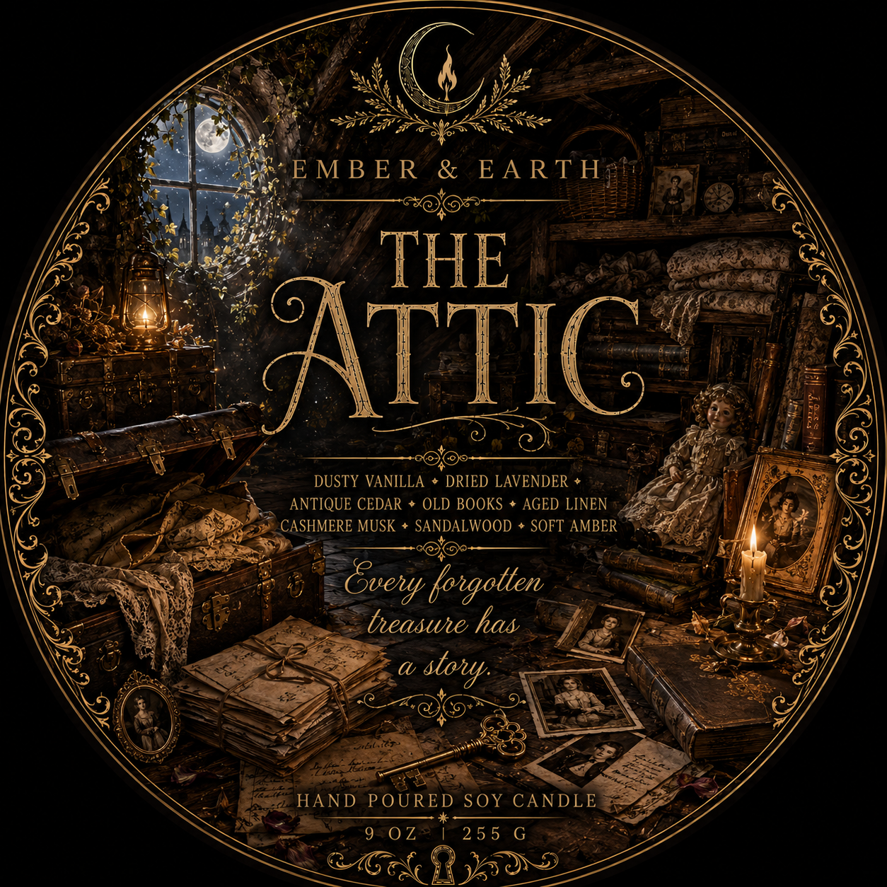 The Attic | Dusty Vanilla, Antique Cedar & Cashmere Musk Luxury Soy Candle | Vintage Gothic Décor | Hand-Poured by Ember & Earth