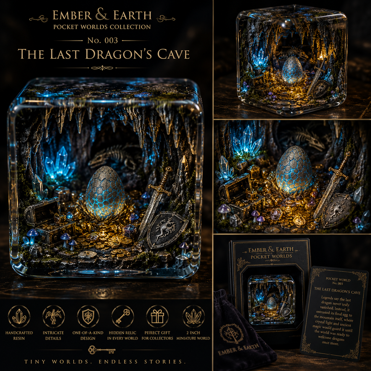 The Last Dragon's Cave | Pocket World Miniature Resin Diorama | Handcrafted Fantasy Dragon Lair | Crystal Cavern Collectible | Resin Art