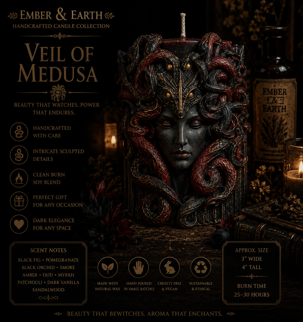 Veil of Medusa | Handcrafted Mythological Goddess Candle | Luxury Soy Wax Sculpture | Gothic Home Décor | Dark Fantasy Collectible | Ember & Earth