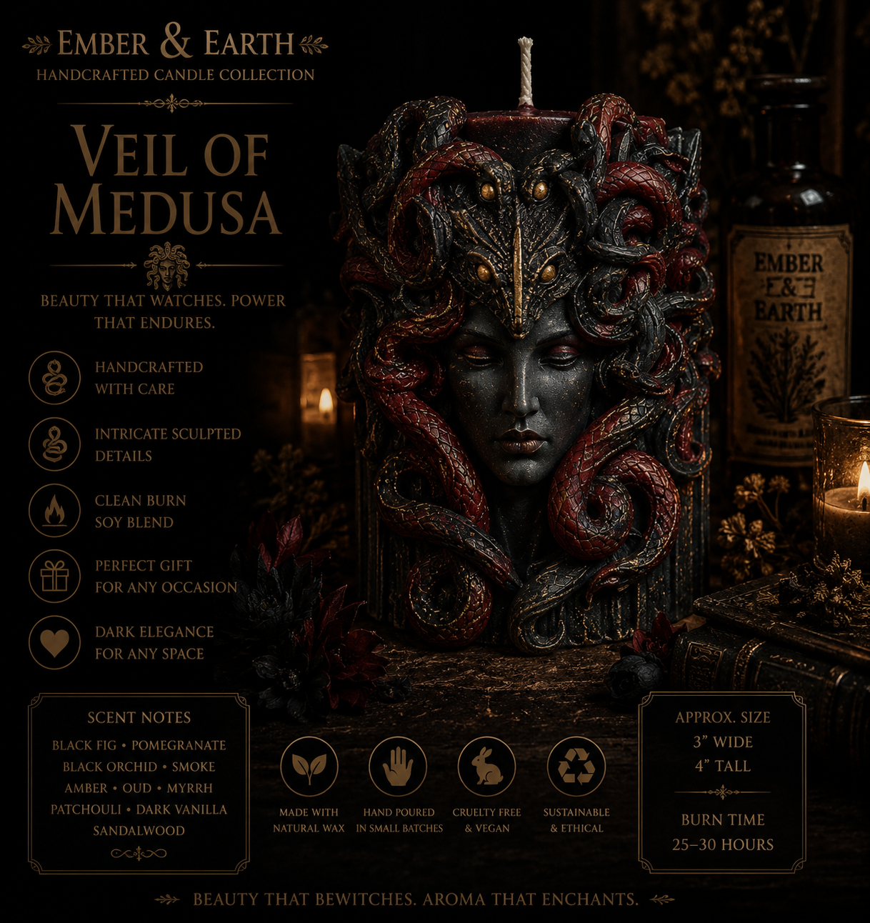 Veil of Medusa | Handcrafted Mythological Goddess Candle | Luxury Soy Wax Sculpture | Gothic Home Décor | Dark Fantasy Collectible | Ember & Earth